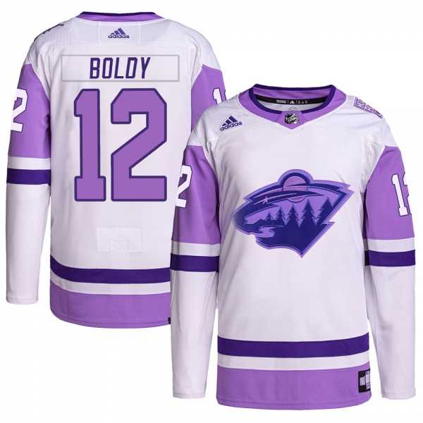 Men%27s Minnesota Wild #12 Matthew Boldy White Purple 2022 Stitched Jersey